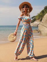 Women's Off Shoulder Cropped Top & Shirred Wide Waistband Pants In All Over Floral Print